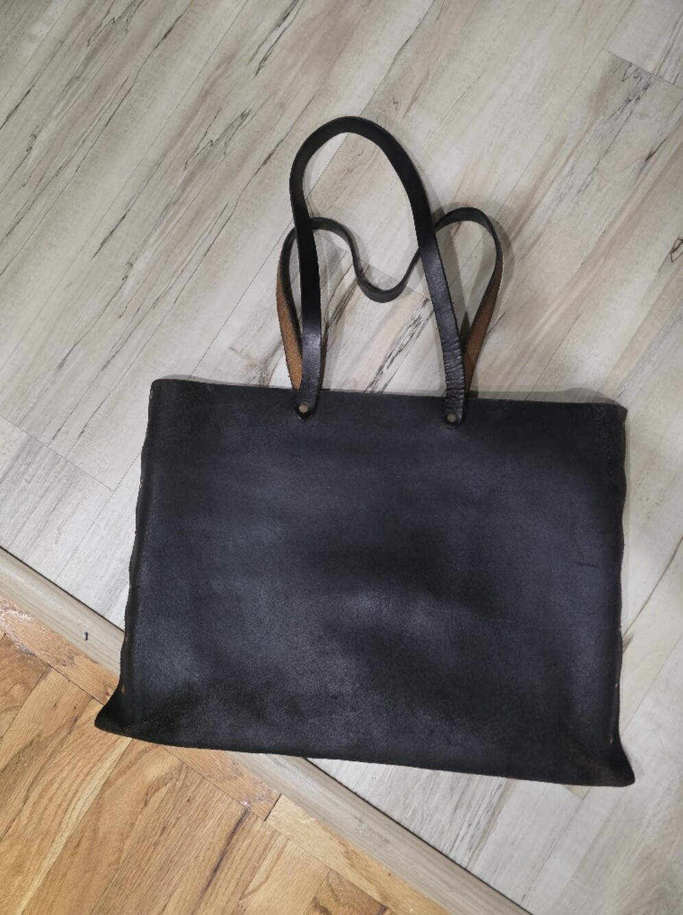 Handcrafted Unlined Rivet Black Leather Tote Shoulder Bag Artisan 18x14 Large